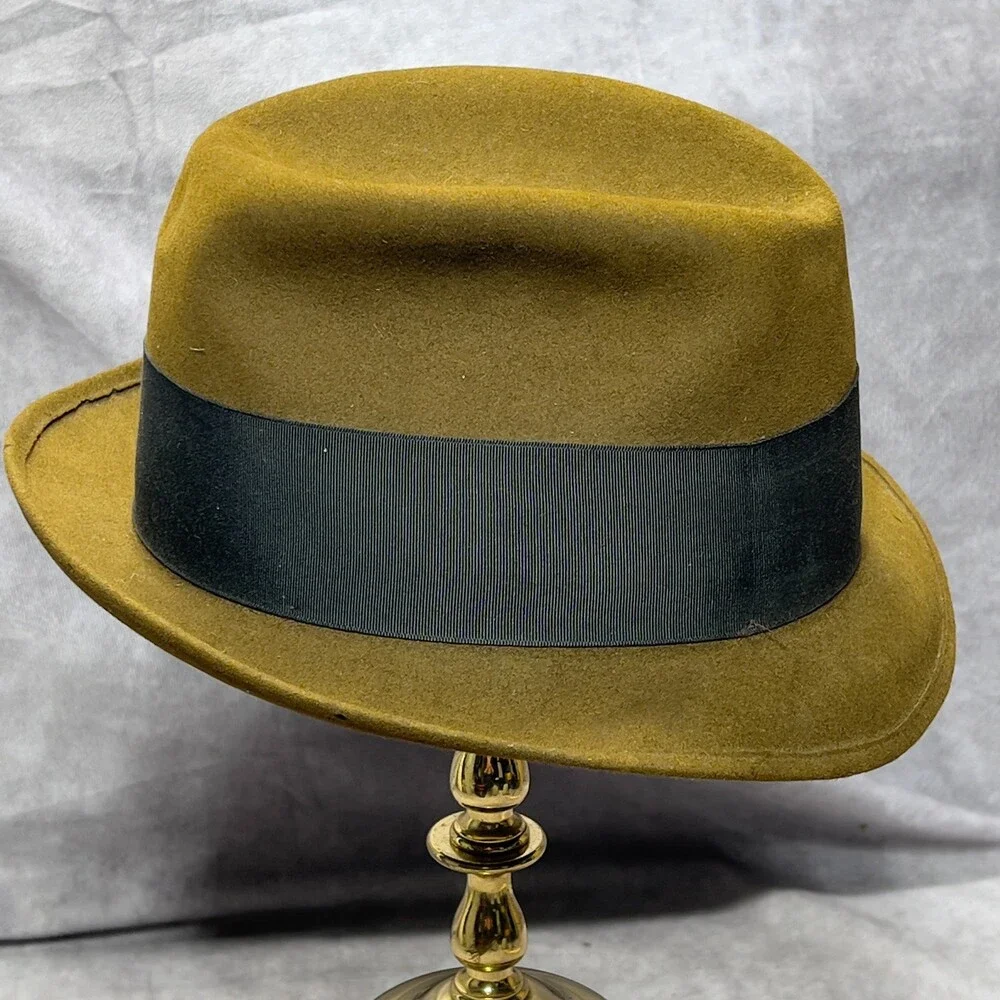 Vintage 1960s Trilby Hat Mens 7 1/8 Olive Mello Felt Black Band Union Made USA